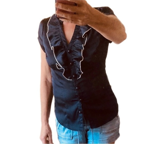 TEMT dark navy satiny puff short sleeve Blouse Ruffle front - Picture 8 of 8